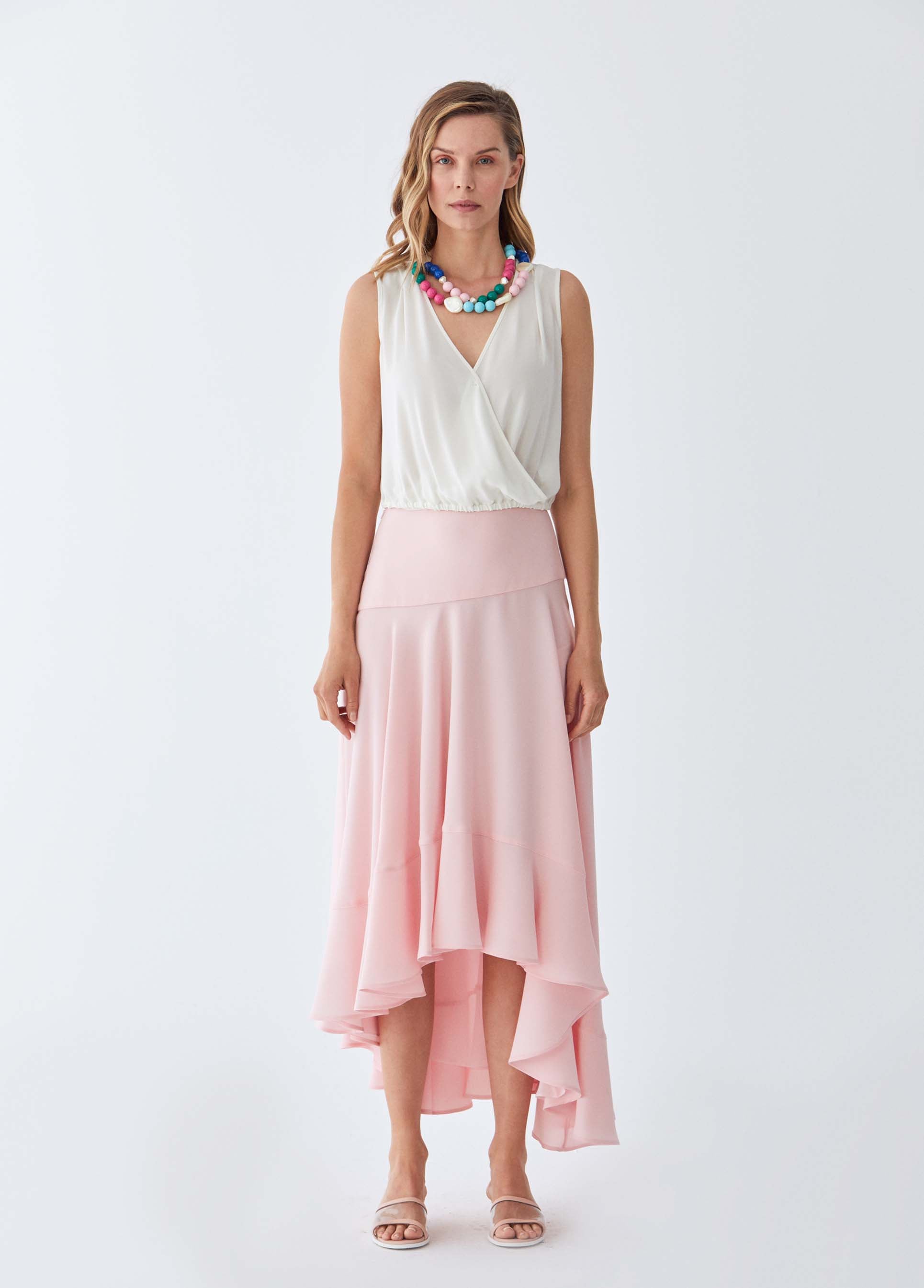 ROMAN USA-Pink Asymmetric Flounce Skirt-- [PINK]