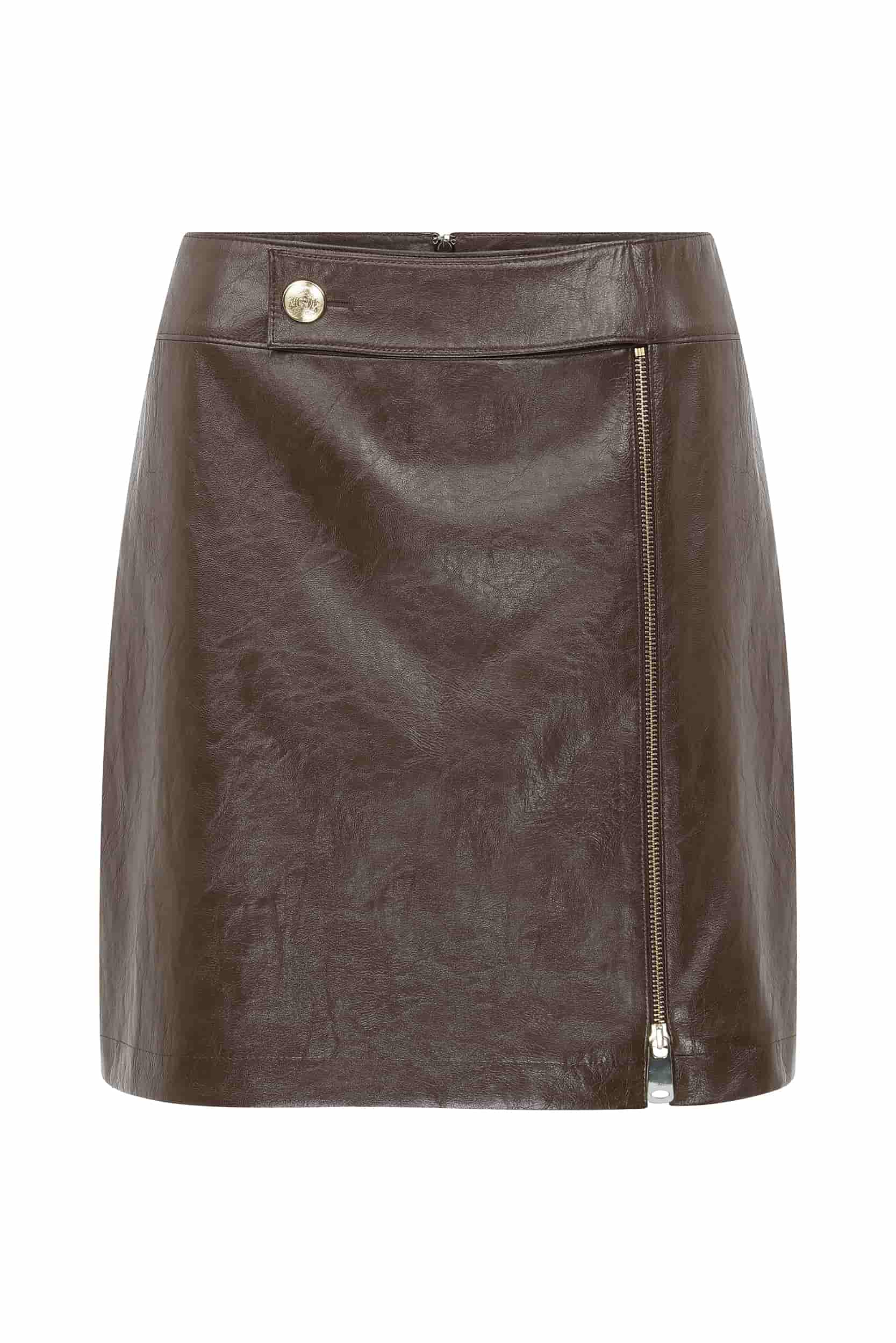 Brown Leather Zipper Mini Skirt -- [BROWN]
