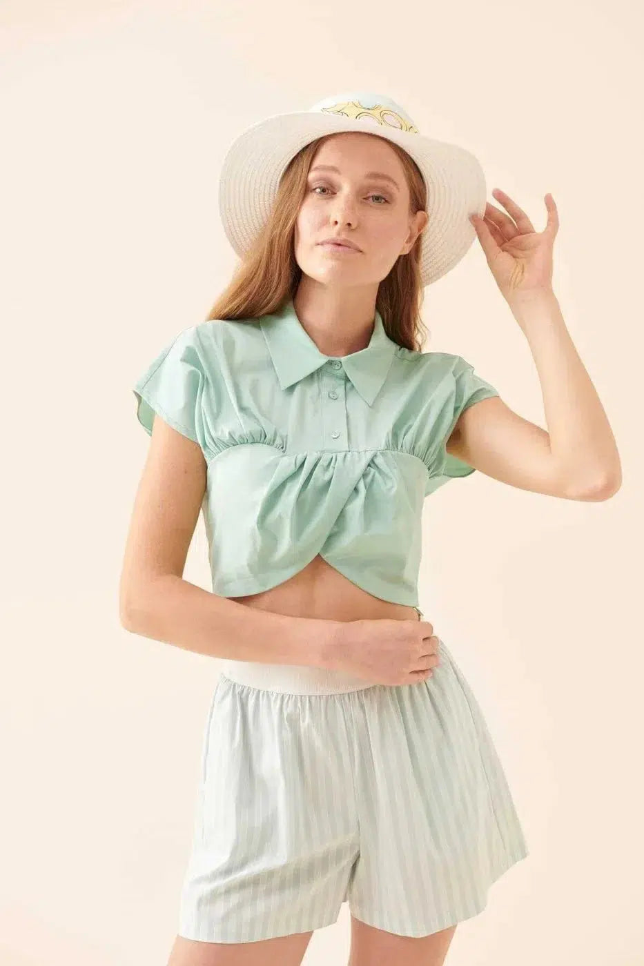 Mint Collared Pleated Cropped Blouse --[MINT]