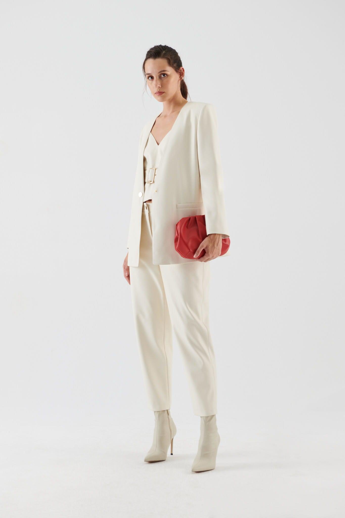 Single Button Collarless Women's Jacket --[WHITE]