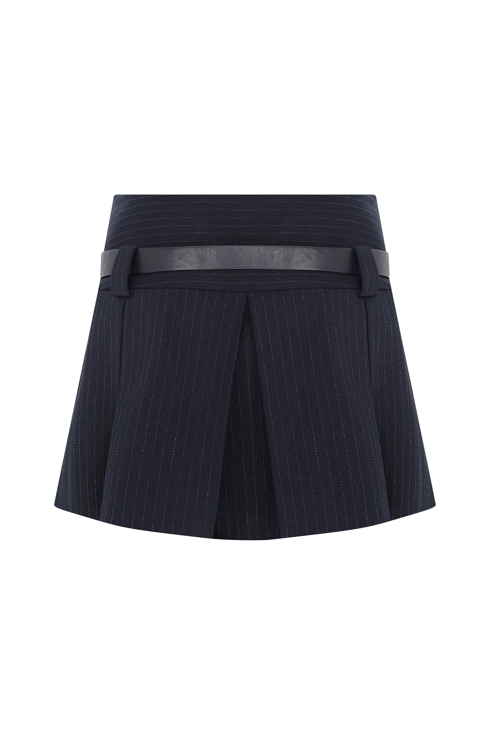 Striped Navy Blue Pleated Mini Skirt -- [NAVY]