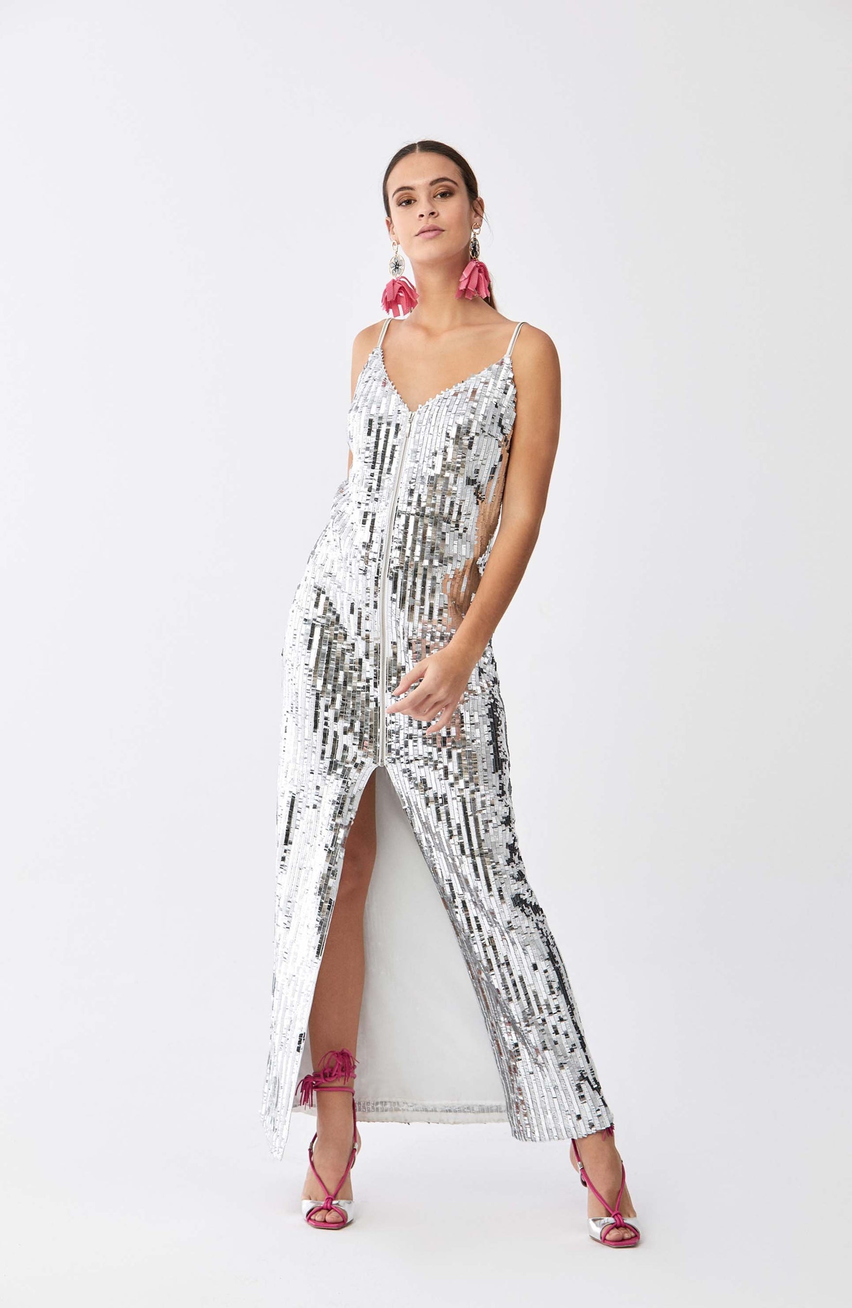 ROMAN USA-Sultry Silver Sequined Gown-- [SILVER]