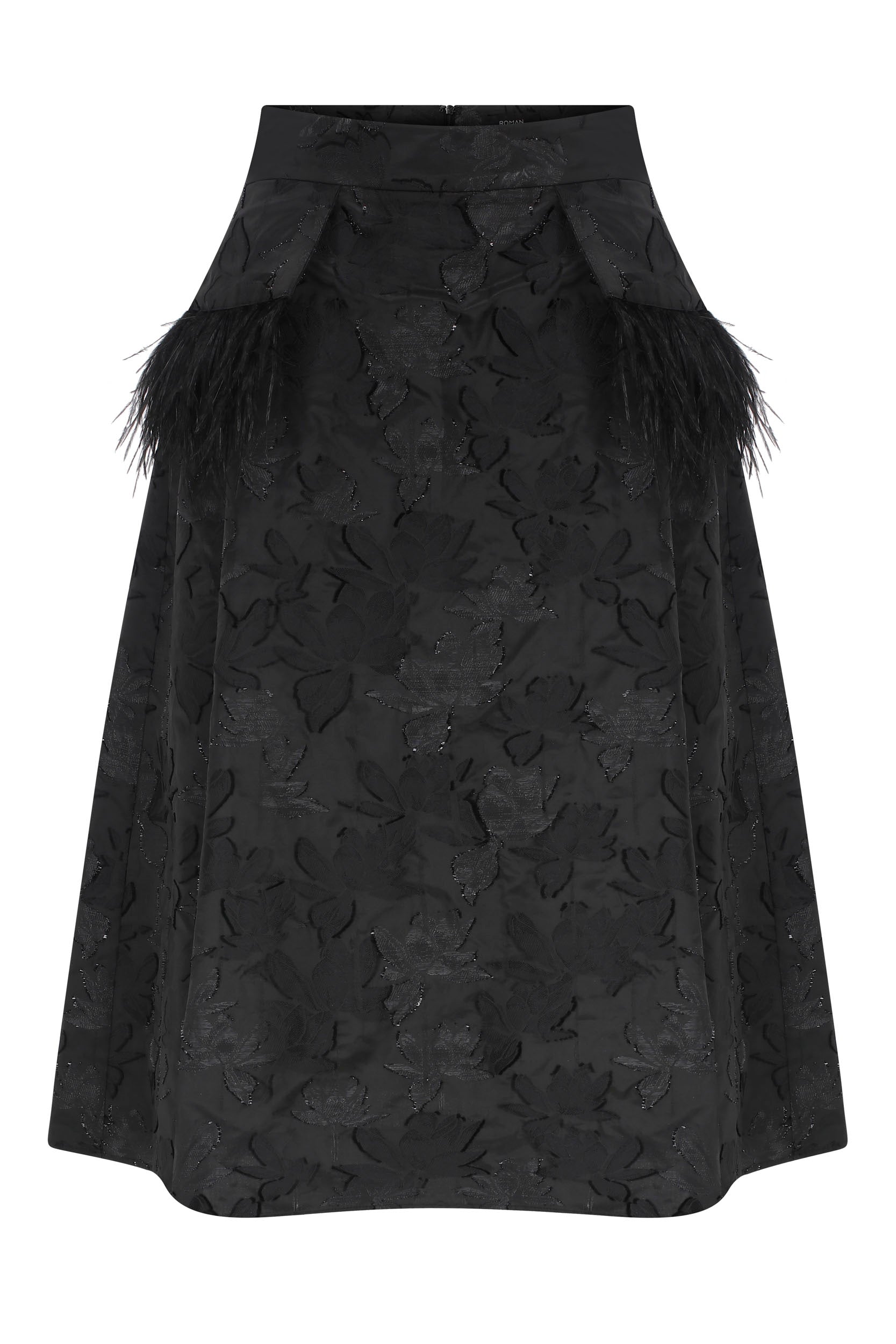 Feather Detailed Black Midi Skirt
