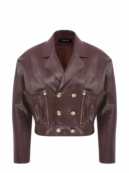 Brown Leather Jacket With Gold Button