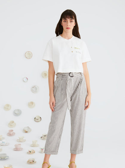 Black White Belted Line Pattern Trousers-- [ORIGINAL]