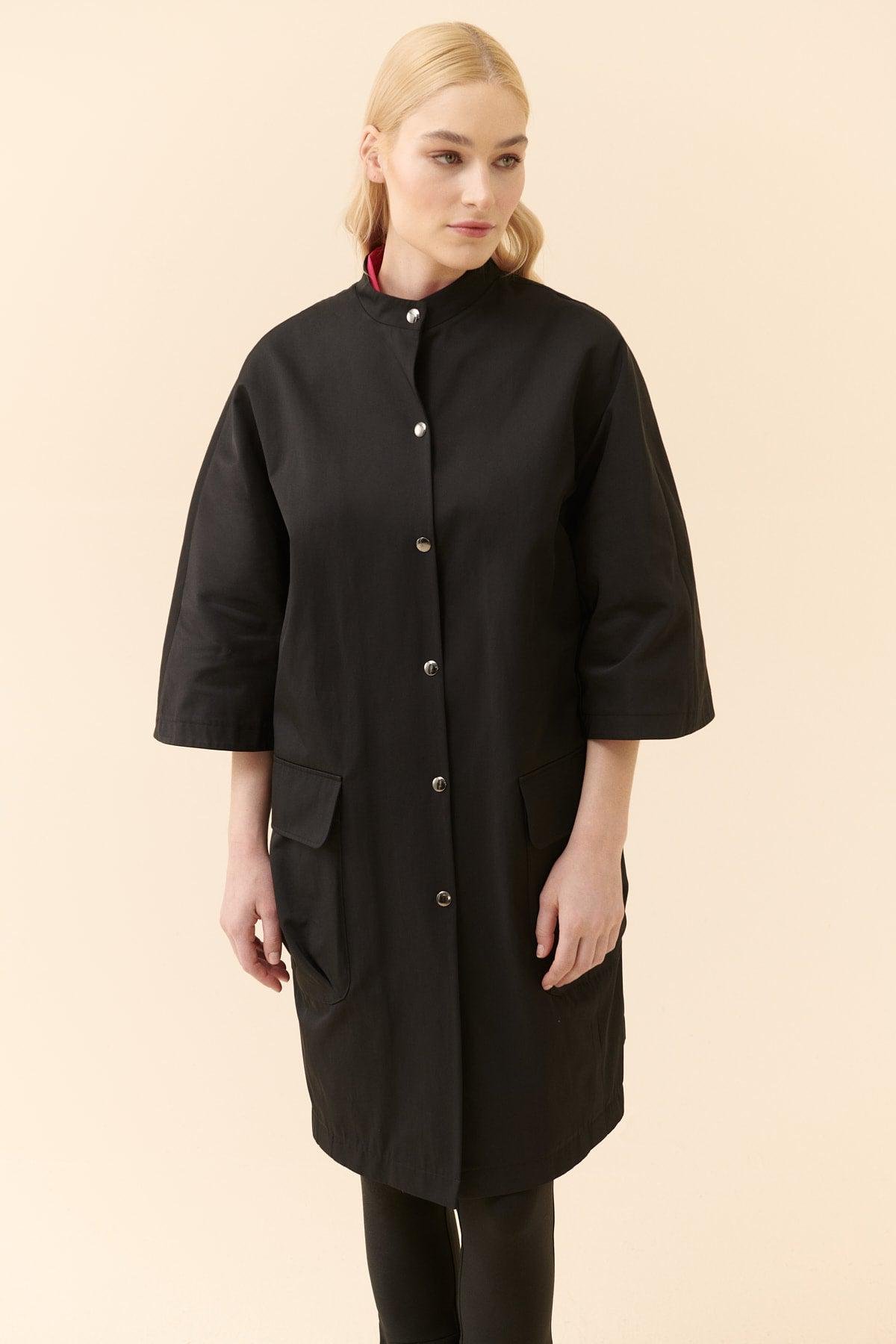 Snap Closure Black Women's Trench Coat --[BLACK]
