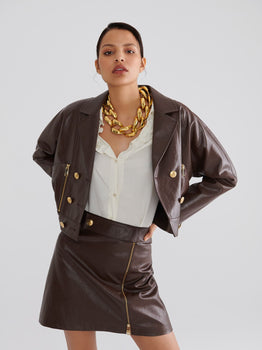 Brown Leather Jacket With Gold Button -- [BROWN]