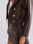 Brown Leather Jacket With Gold Button -- [BROWN]
