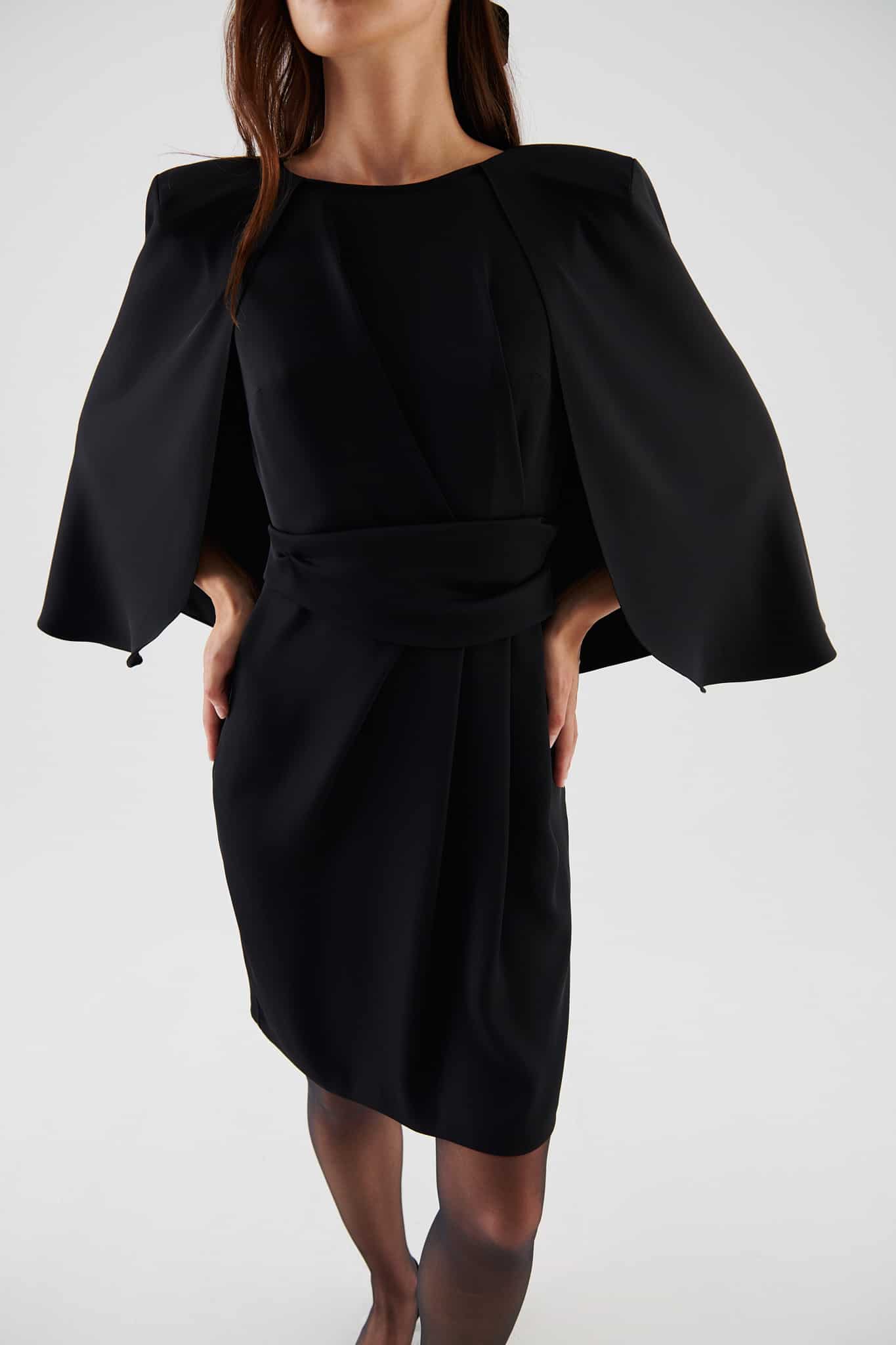 Caped Black Evening Dress--[BLACK]