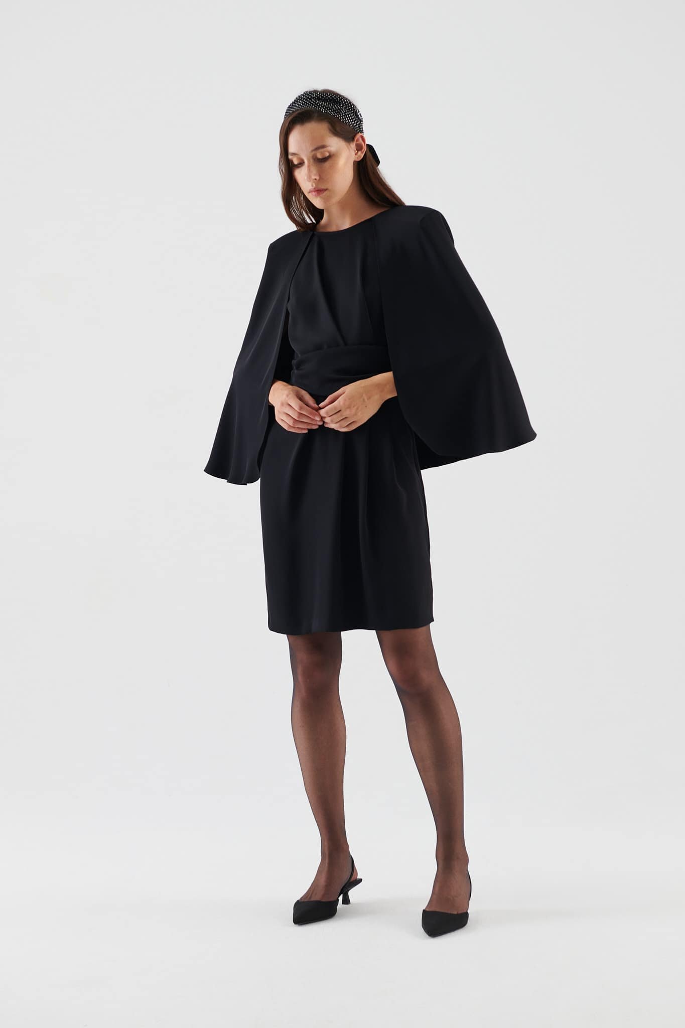 Caped Black Evening Dress--[BLACK]