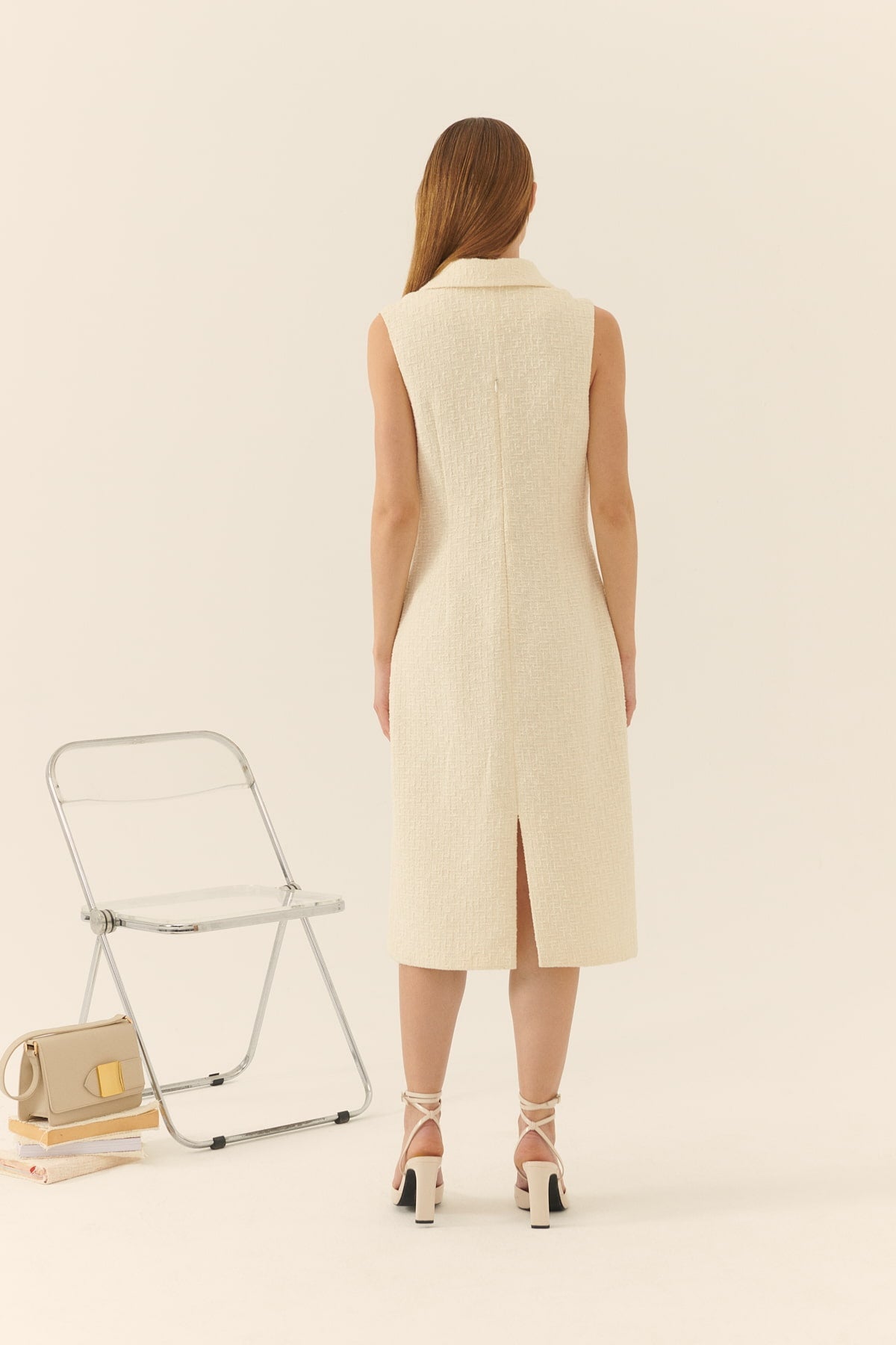 Cut Out Detailed Tweed Midi  Dress --[BONE]