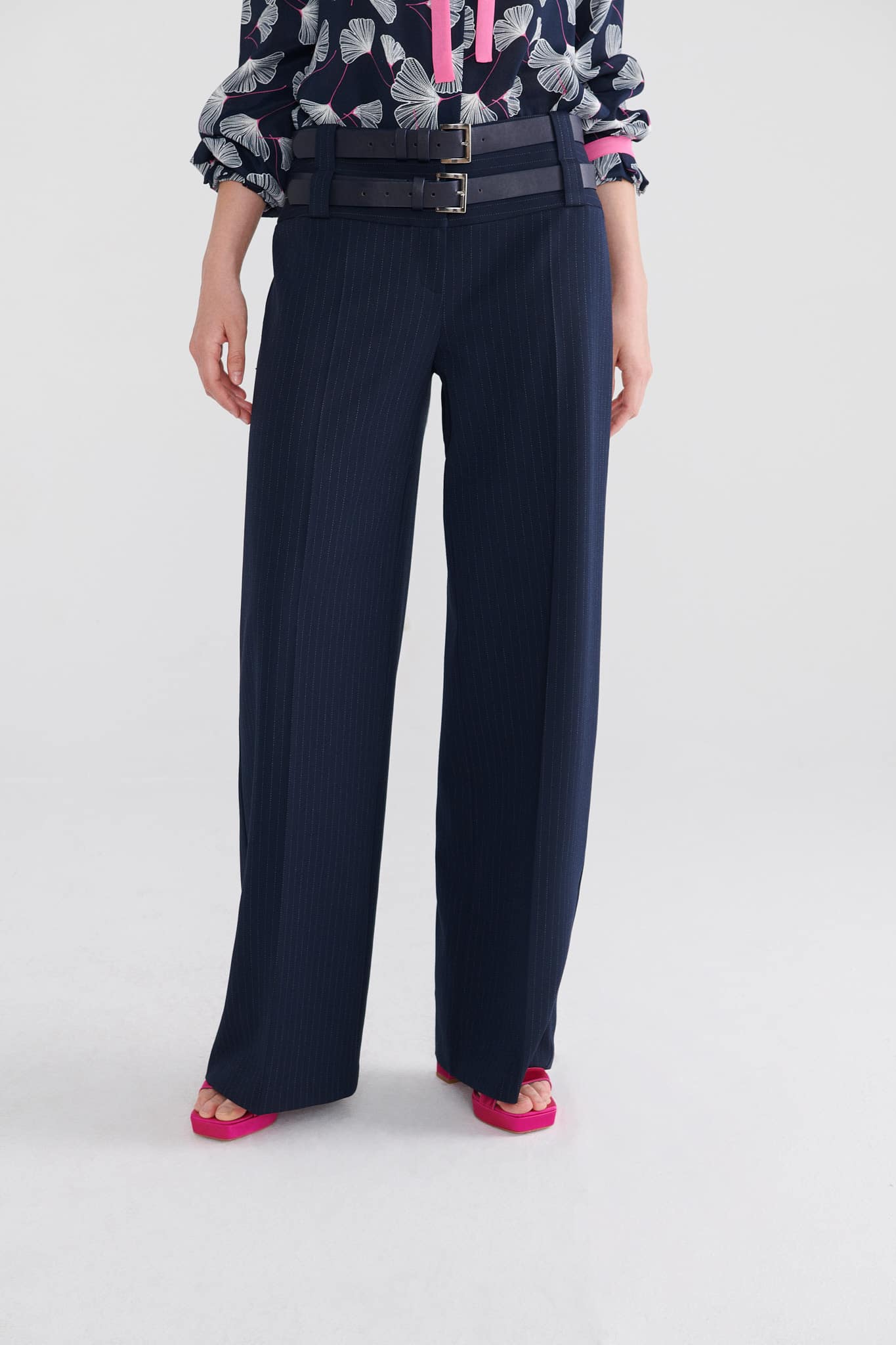 Double Belt Striped Navy Blue Trousers -- [NAVY]