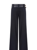 Double Belt Striped Navy Blue Trousers -- [NAVY]