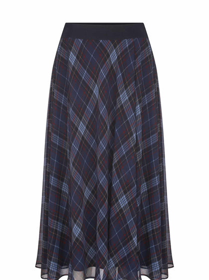 Elastic Waist Blue Check Midi Skirt --[ORIGINAL]