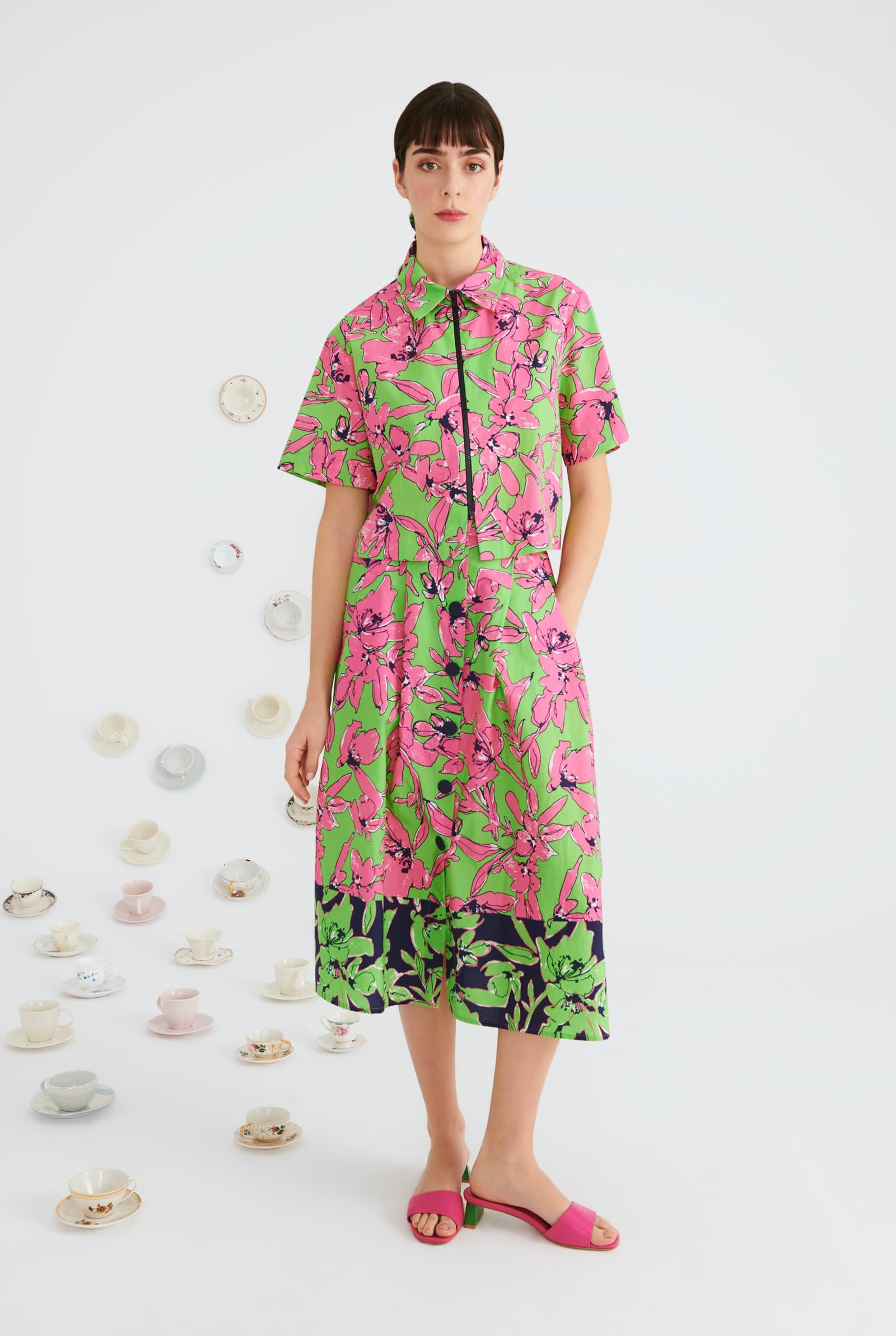 Green Pink Floral Button Down Midi Skirt-- [ORIGINAL]