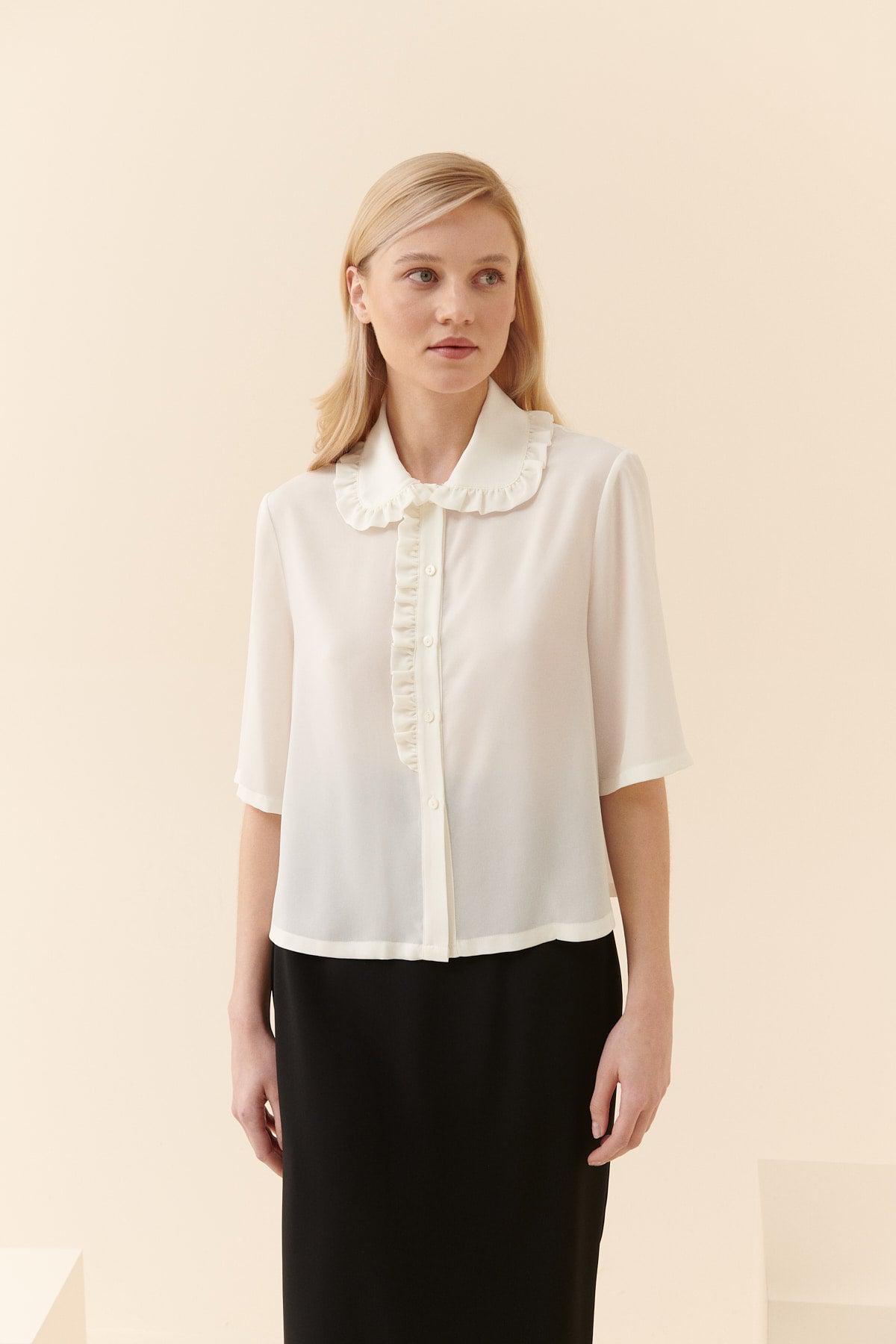 Frill Detailed Baby Collar Cream Women's Shirt --[ECRU]