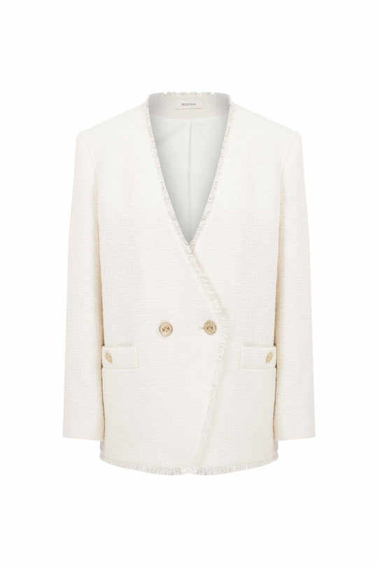 Gold Buttoned Double Breasted Tweed Cream Jacket --[BONE]