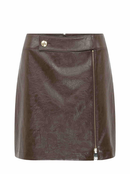 Brown Leather Zipper Mini Skirt -- [BROWN]