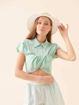 Mint Collared Pleated Cropped Blouse --[MINT]
