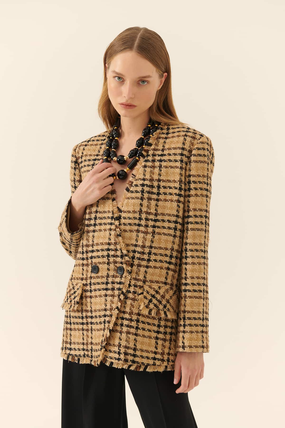 Plaid Tweed Double Breasted Women's Jacket