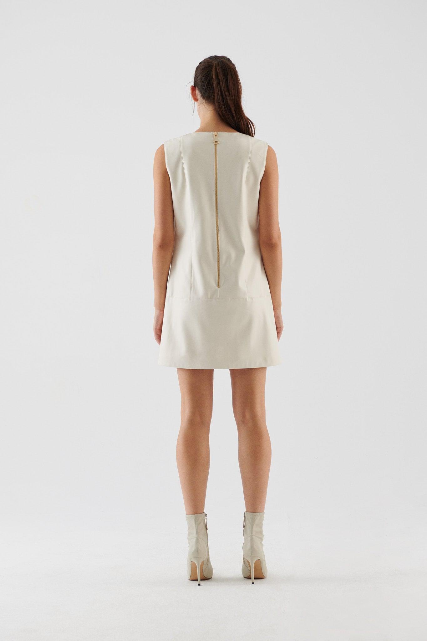 Pocketed Cream Mini Dress --[WHITE]