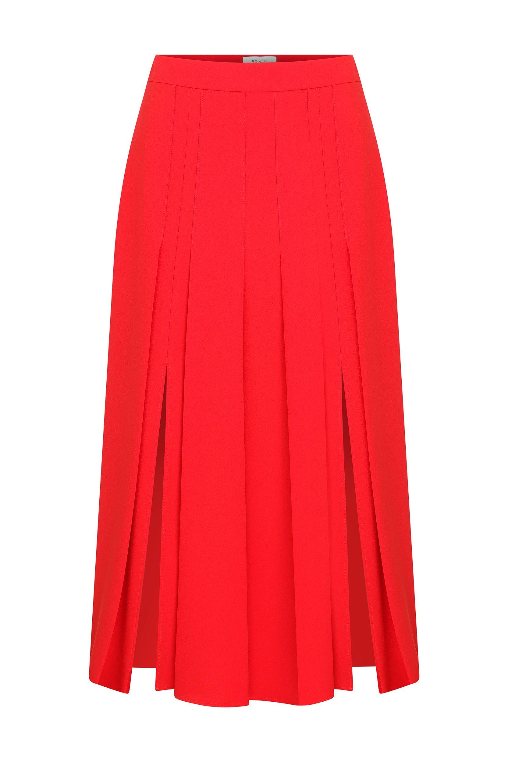 Red Double Slit Midi Skirt --[RED]