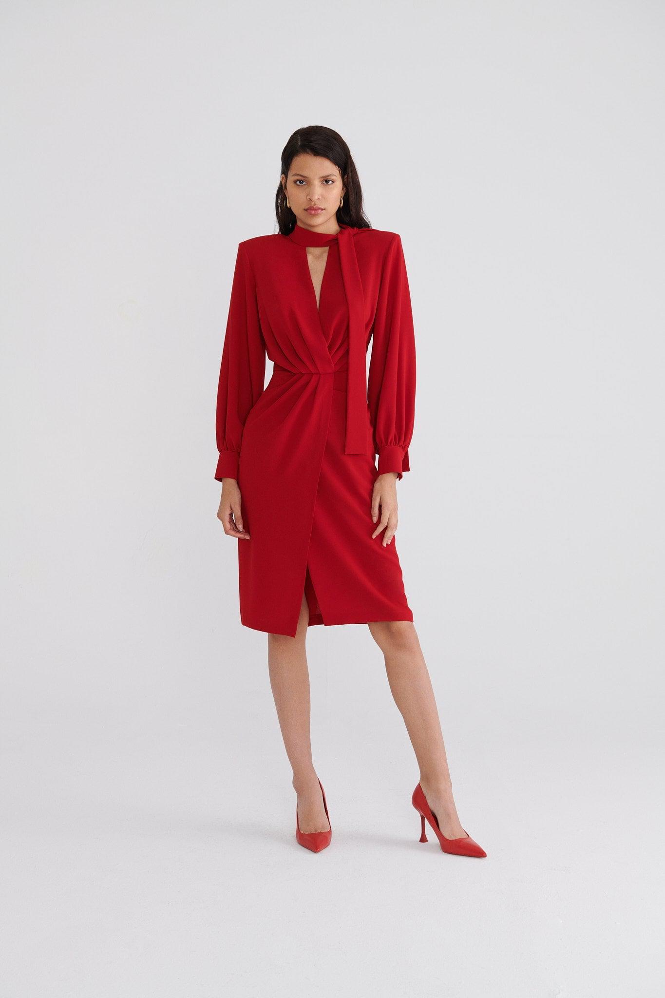 Red Slit Puff Full Sleeve Dress -- [RED]