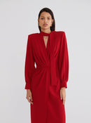 Red Slit Puff Full Sleeve Dress -- [RED]