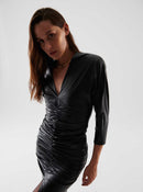 Ruched Slit Black Mini Dress --[BLACK]