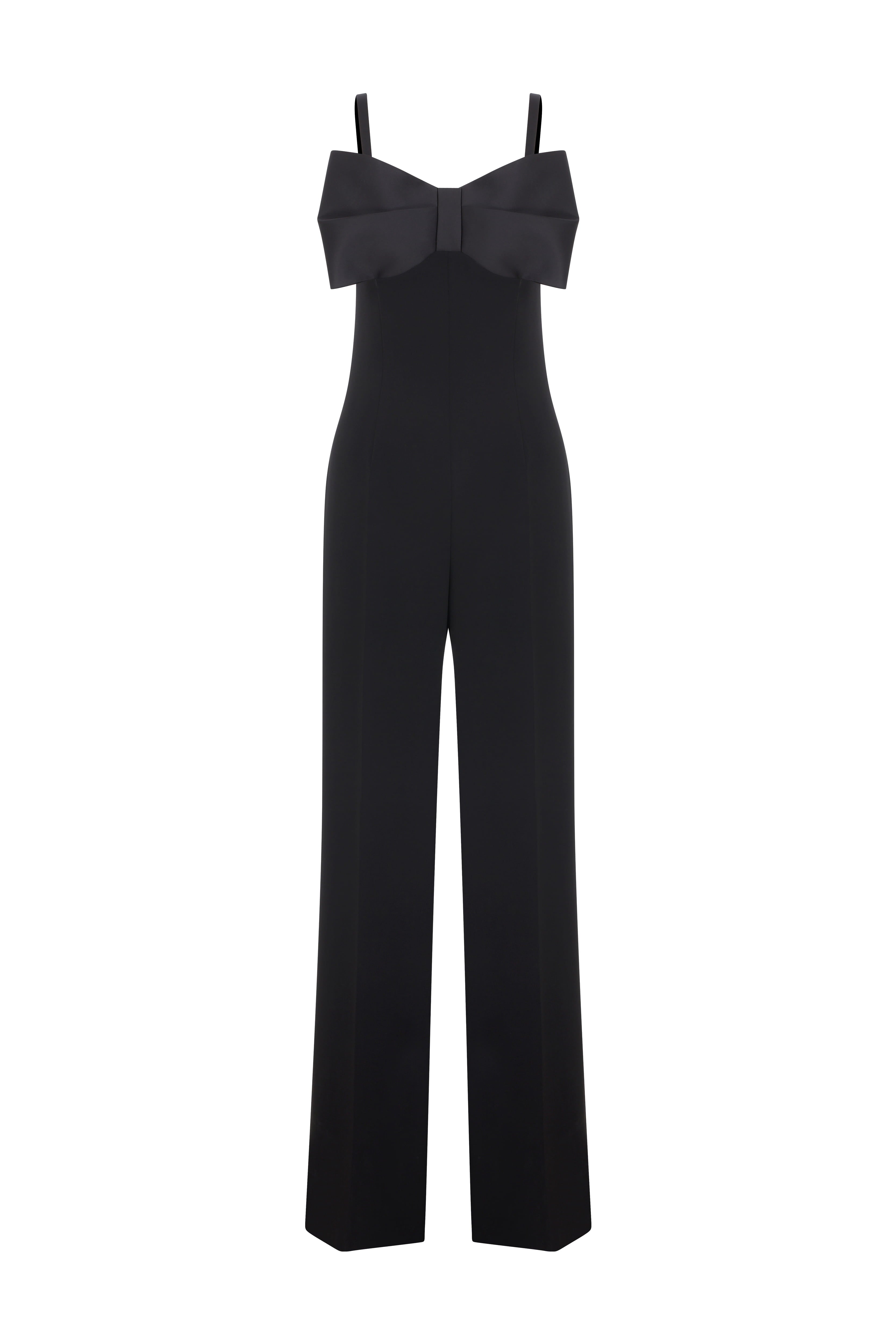 Satin Bow Detailed Black Crepe Jumpsuit --[BLACK]