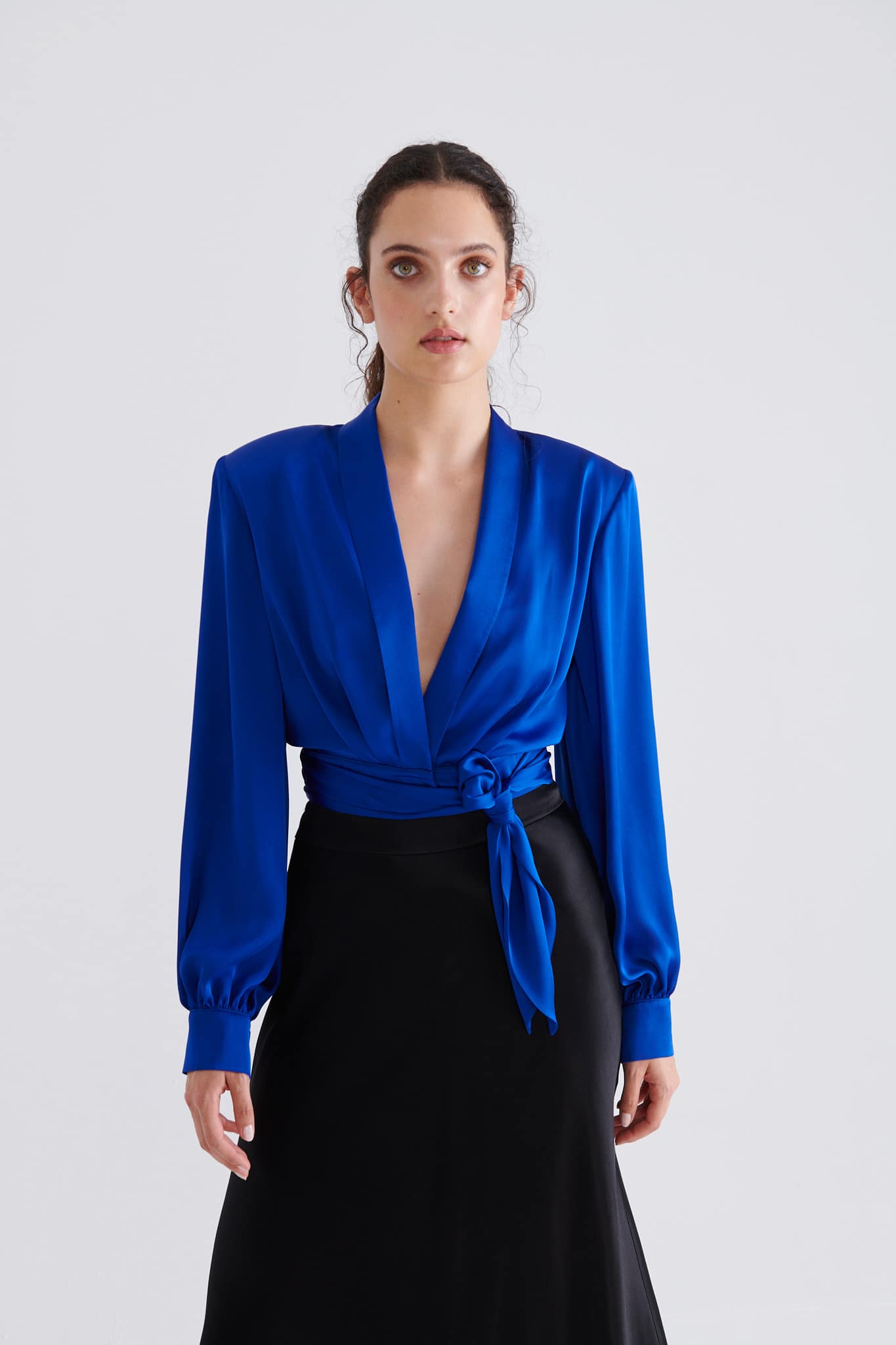 Sax Women's Shirt With Waist Tie --[BLUE]