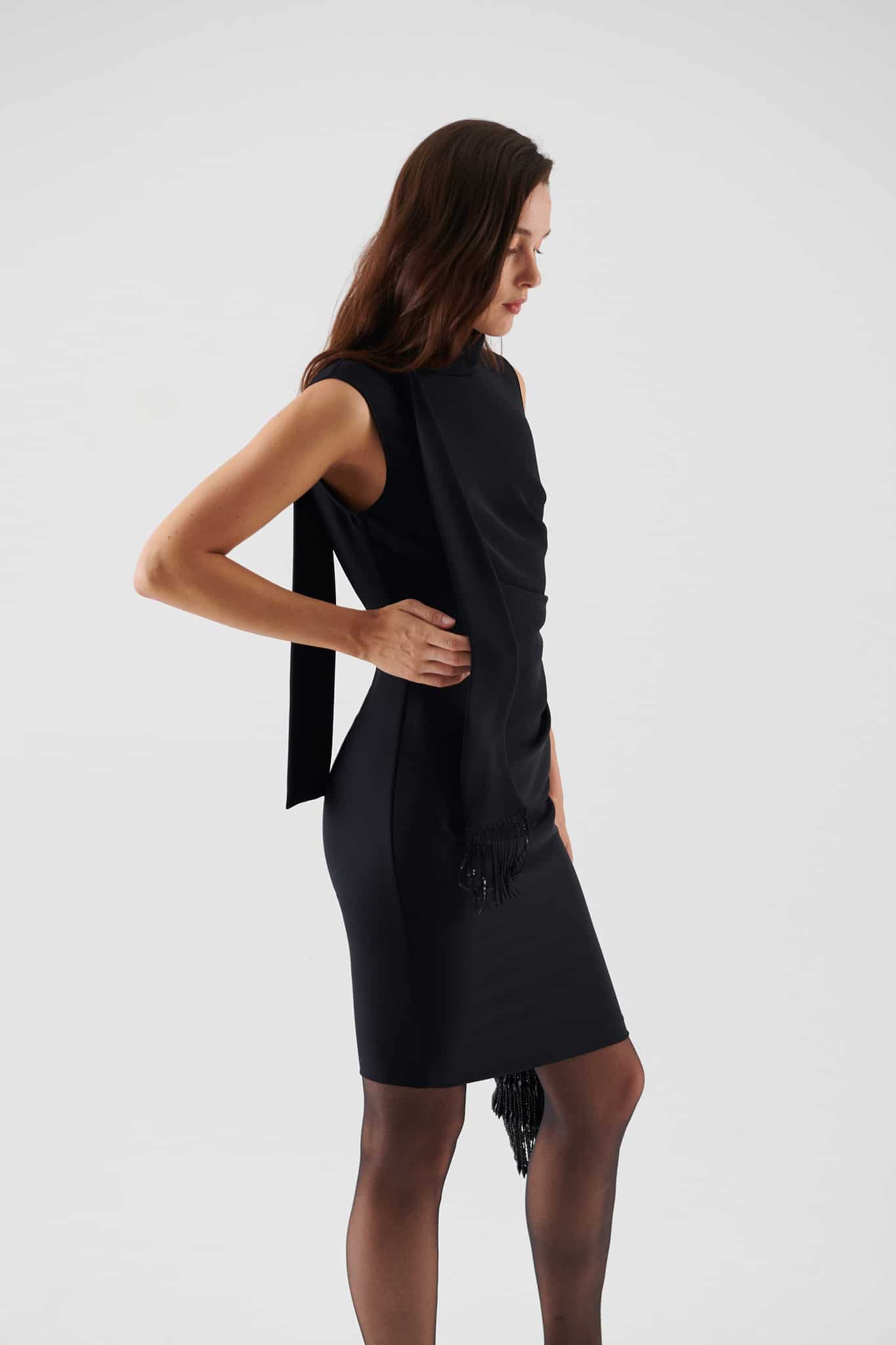 Sequin Detail Tie Collar Black Evening Dress--[BLACK]