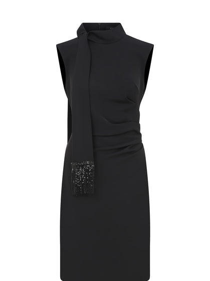 Sequin Detail Tie Collar Black Evening Dress--[BLACK]