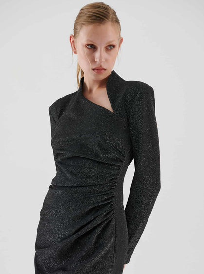 Shimmer Ruched Full Sleeve Cocktail Dress --[BLACK]