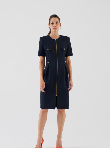 Short Sleeve Zippered Navy Midi Dress --[NAVY]