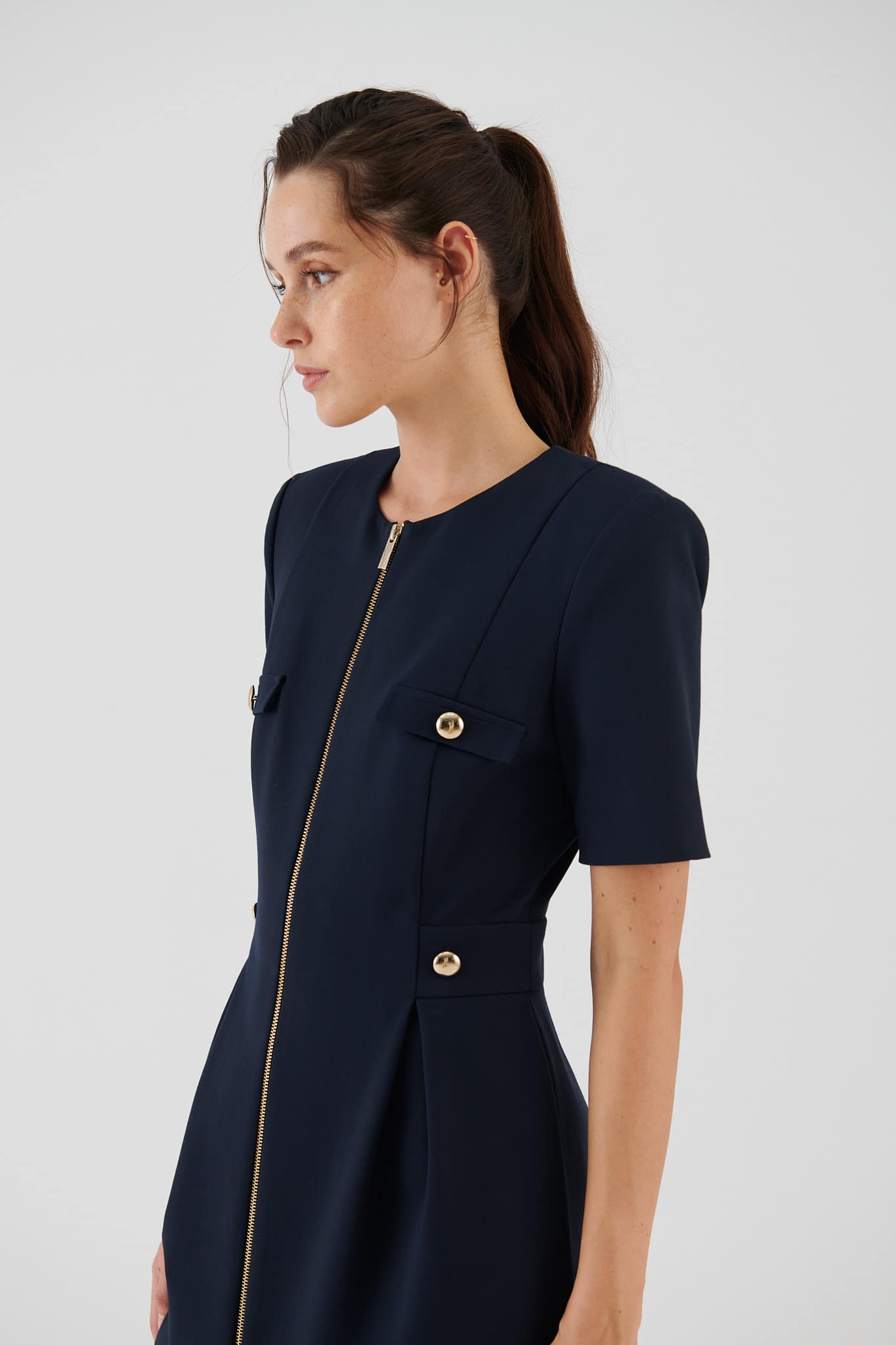 Short Sleeve Zippered Navy Midi Dress --[NAVY]