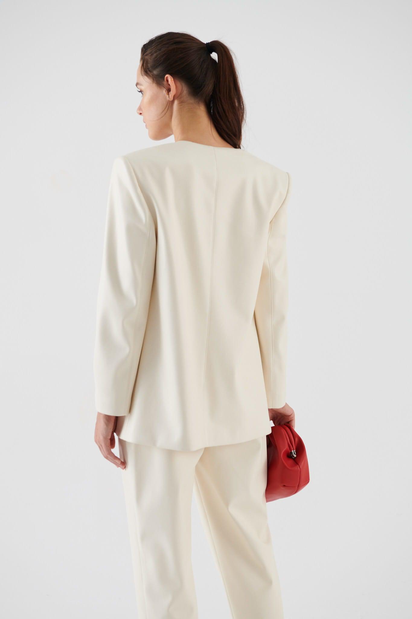 Single Button Collarless Women's Jacket --[WHITE]