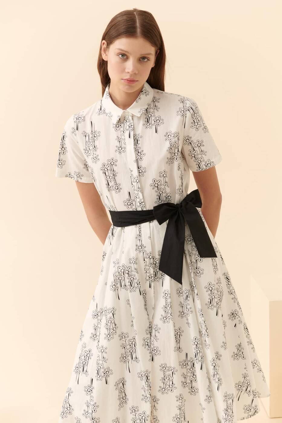 Floral Slit Waist Belted Dress Black-White --[BLACK-WHITE]