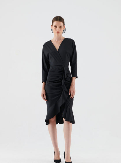 V- neck Asymmetrical Black Evening Dress--[BLACK]