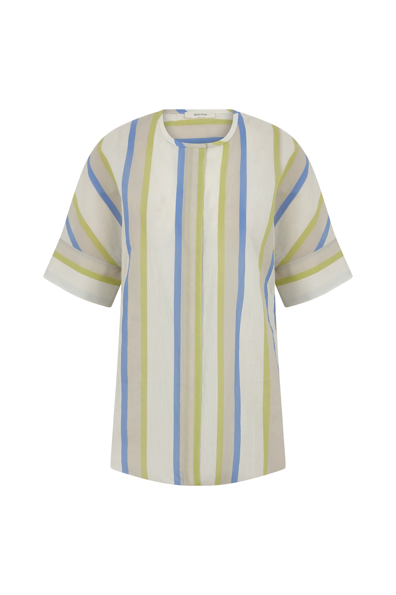 Vintage Blue White Yellow Lining Collarless Shirt-- [ORIGINAL]