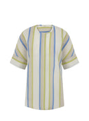 Vintage Blue White Yellow Lining Collarless Shirt-- [ORIGINAL]
