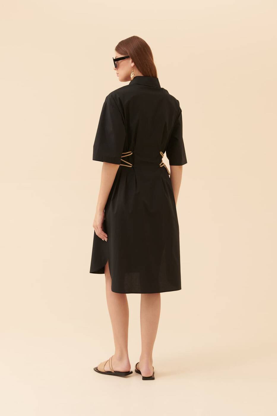 Criss Cross Side Black Shirt Dress --[BLACK]