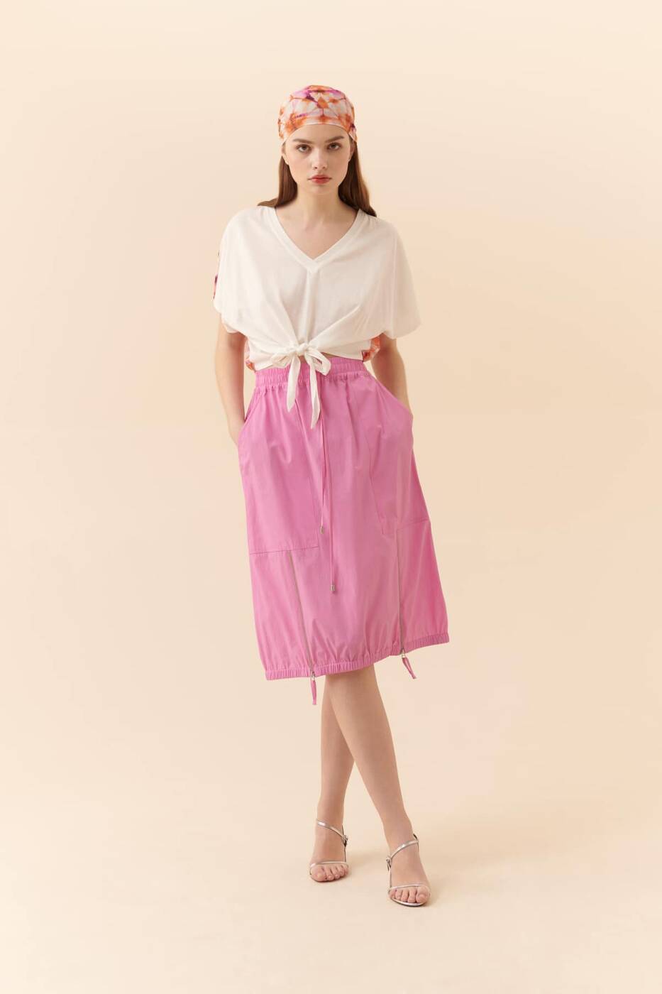 Zipper Detailed Pocket Midi Length Skirt Pink --[PINK]