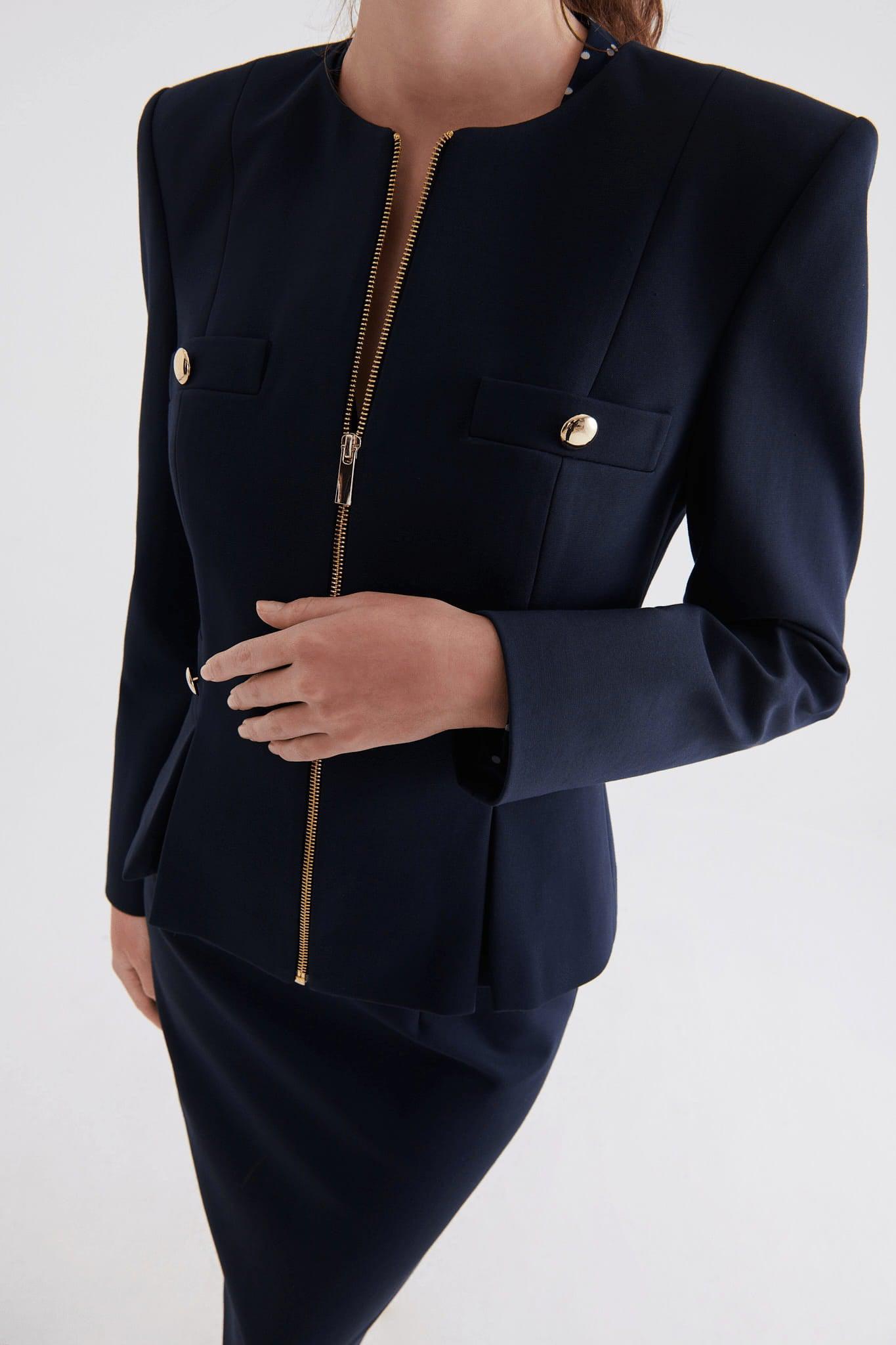 Zippered Navy Blue Peplum Women's Jacket --[NAVY]