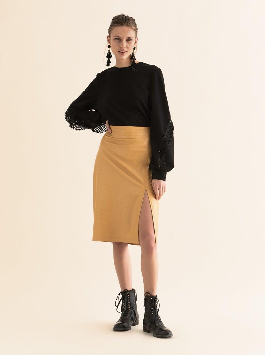 ROMAN USA-Faux Leather Pencil Skirt-- [MUSTARD]