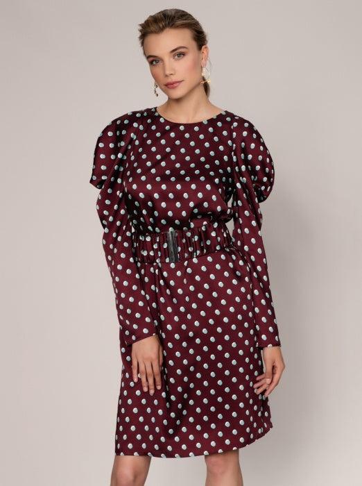 ROMAN USA-Regal Puffed Sleeve Dress-- [BURGUNDY]