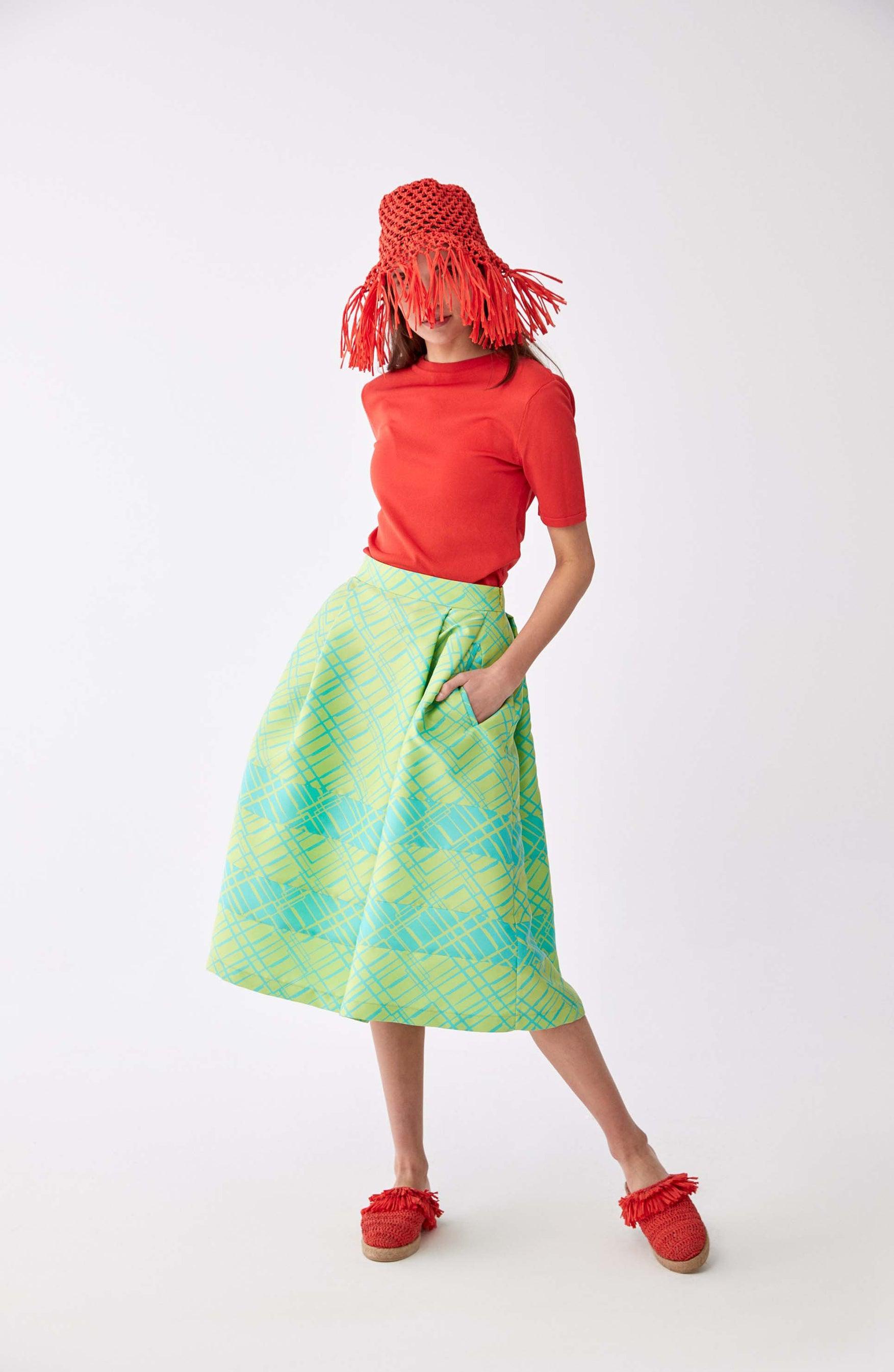 ROMAN USA-Lime Checked Tea Skirt-- [ORIGINAL]