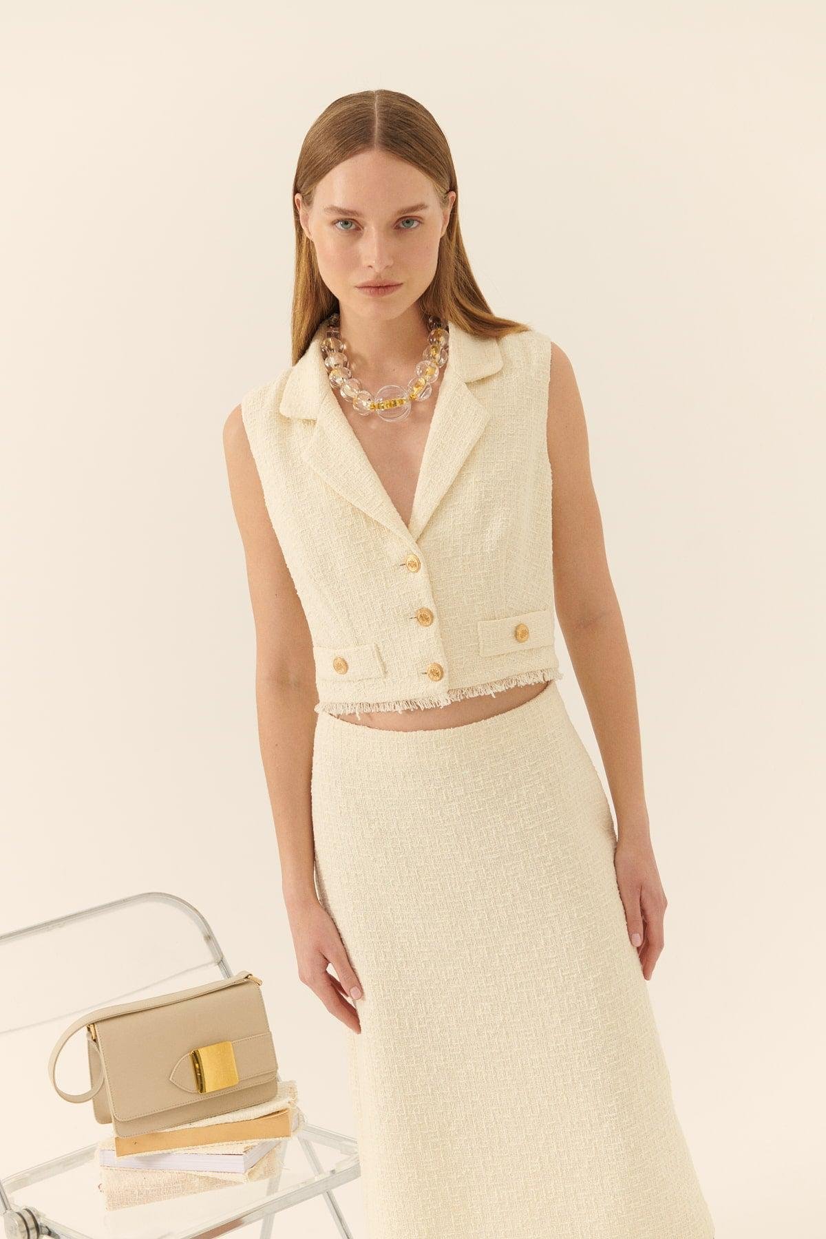 Cut Out Detailed Tweed Midi  Dress --[BONE]