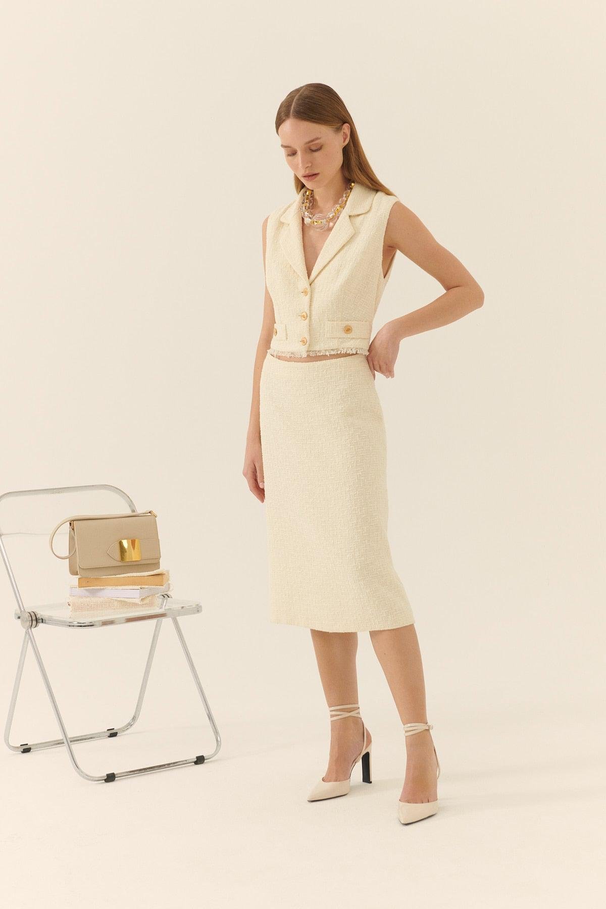 Cut Out Detailed Tweed Midi  Dress --[BONE]