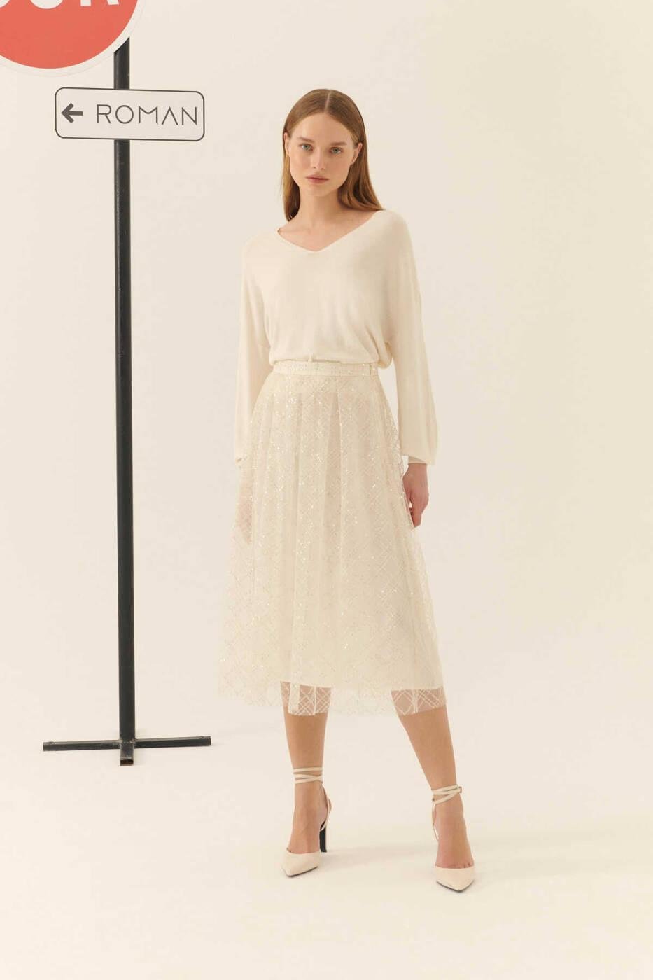 Sparkle Queen Sequined Midi Skirt --[ECRU]